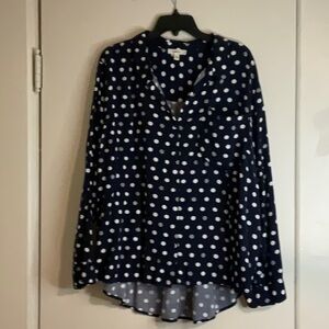 Blue Long Sleeve Buttoned Blouse with Mandarin Collar